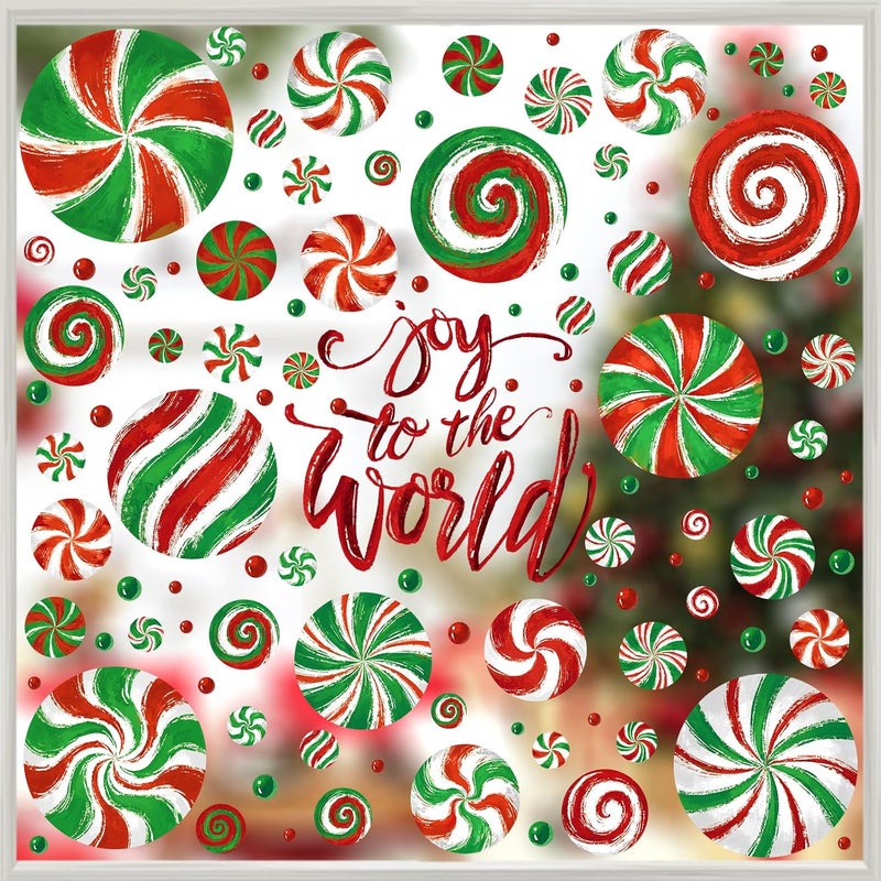DULEFUN Christmas Window Clings, Candy Window's Clings Decals Oil Painting Christmas Red Green Candy Stickers for Xmas Party Home Office Decor Winter Holiday Glass Window Decoration - Image 1